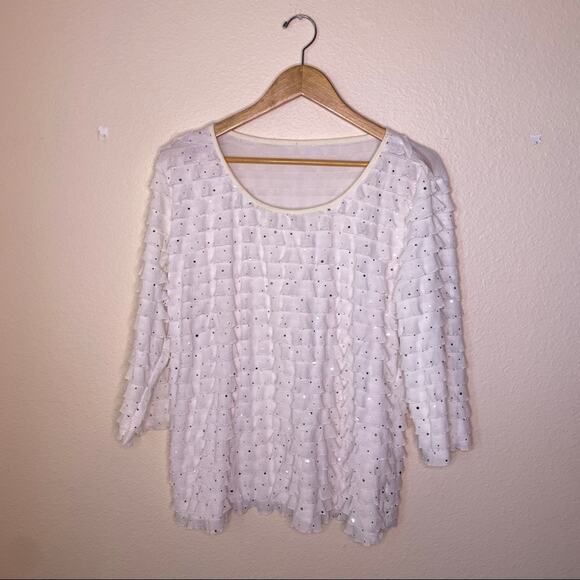 White Layered Ruffled Sequin Top - Picture 1 of 6
